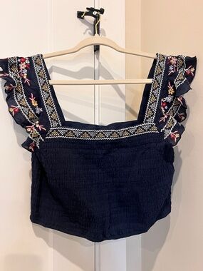 NWT Francesca’s Embroidered Navy Square-Neck Crop Top